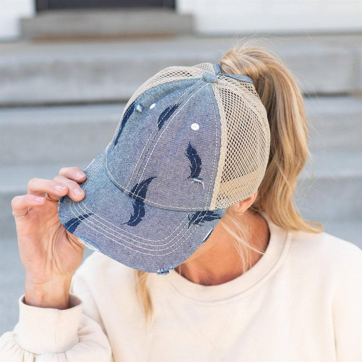 CC Leaf Motif Jacquard Denim Messy Bun Pony Cap Women, Teens and Kids Trucker Hats - Truly Contagious