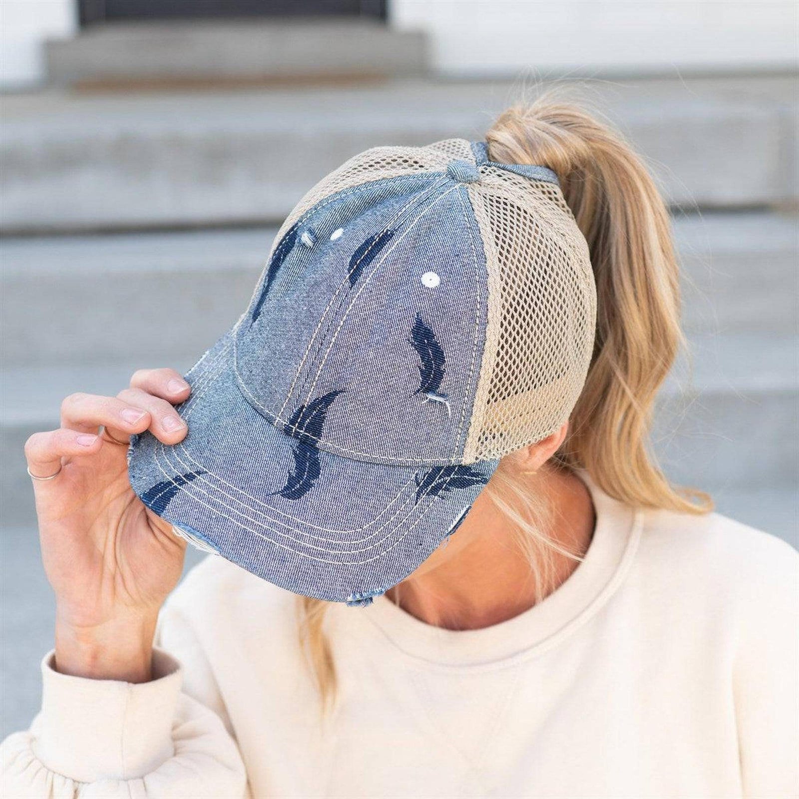 CC Leaf Motif Jacquard Denim Messy Bun Pony Cap Women, Teens and Kids Trucker Hats - Truly Contagious