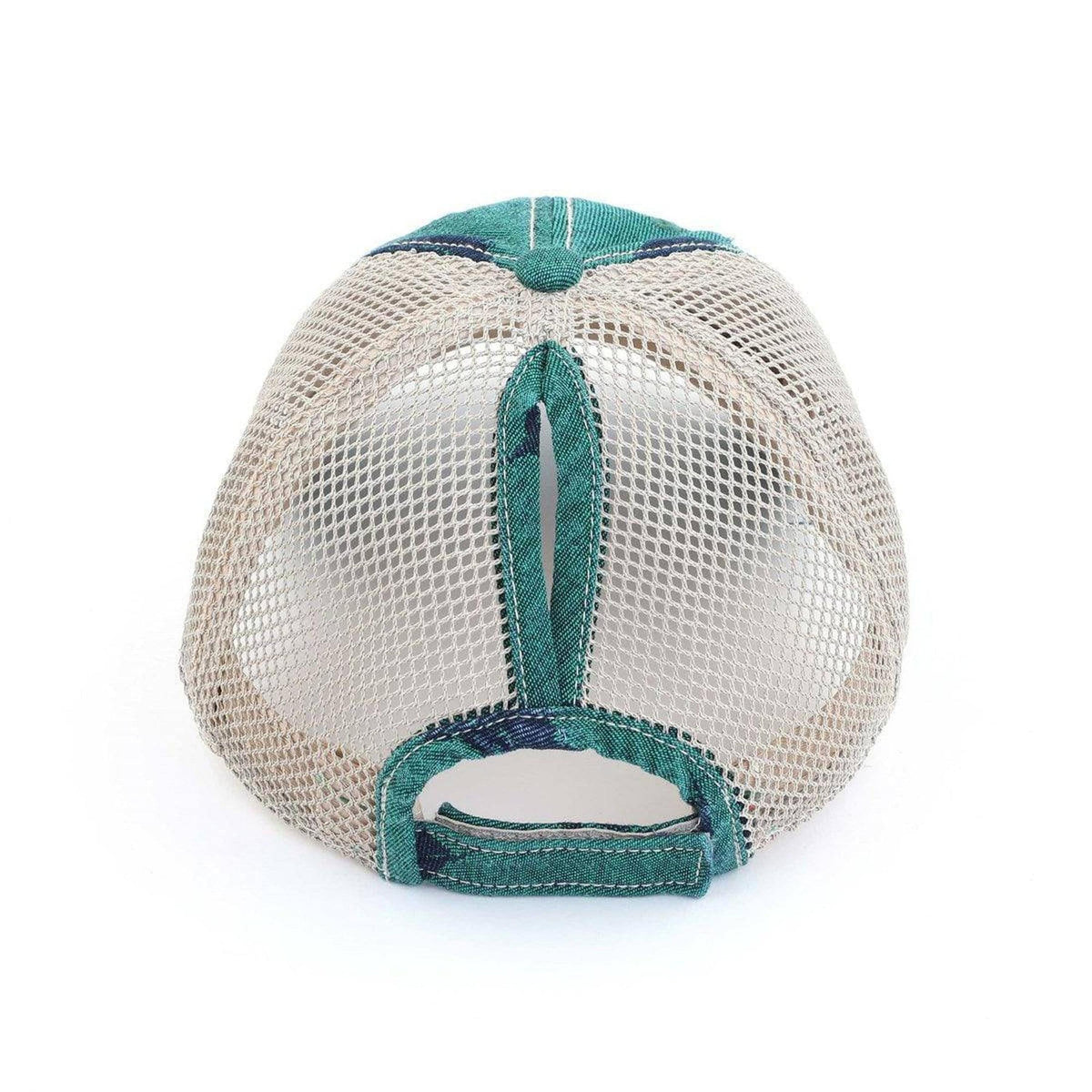 CC Leaf Motif Jacquard Denim Messy Bun Pony Cap Women, Teens and Kids Trucker Hats - Truly Contagious