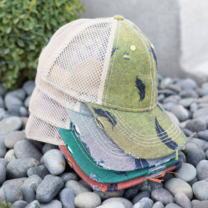CC Leaf Motif Jacquard Denim Messy Bun Pony Cap Women, Teens and Kids Trucker Hats - Truly Contagious