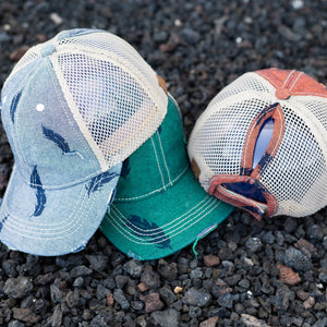 CC Leaf Motif Jacquard Denim Messy Bun Pony Cap Women, Teens and Kids Trucker Hats - Truly Contagious