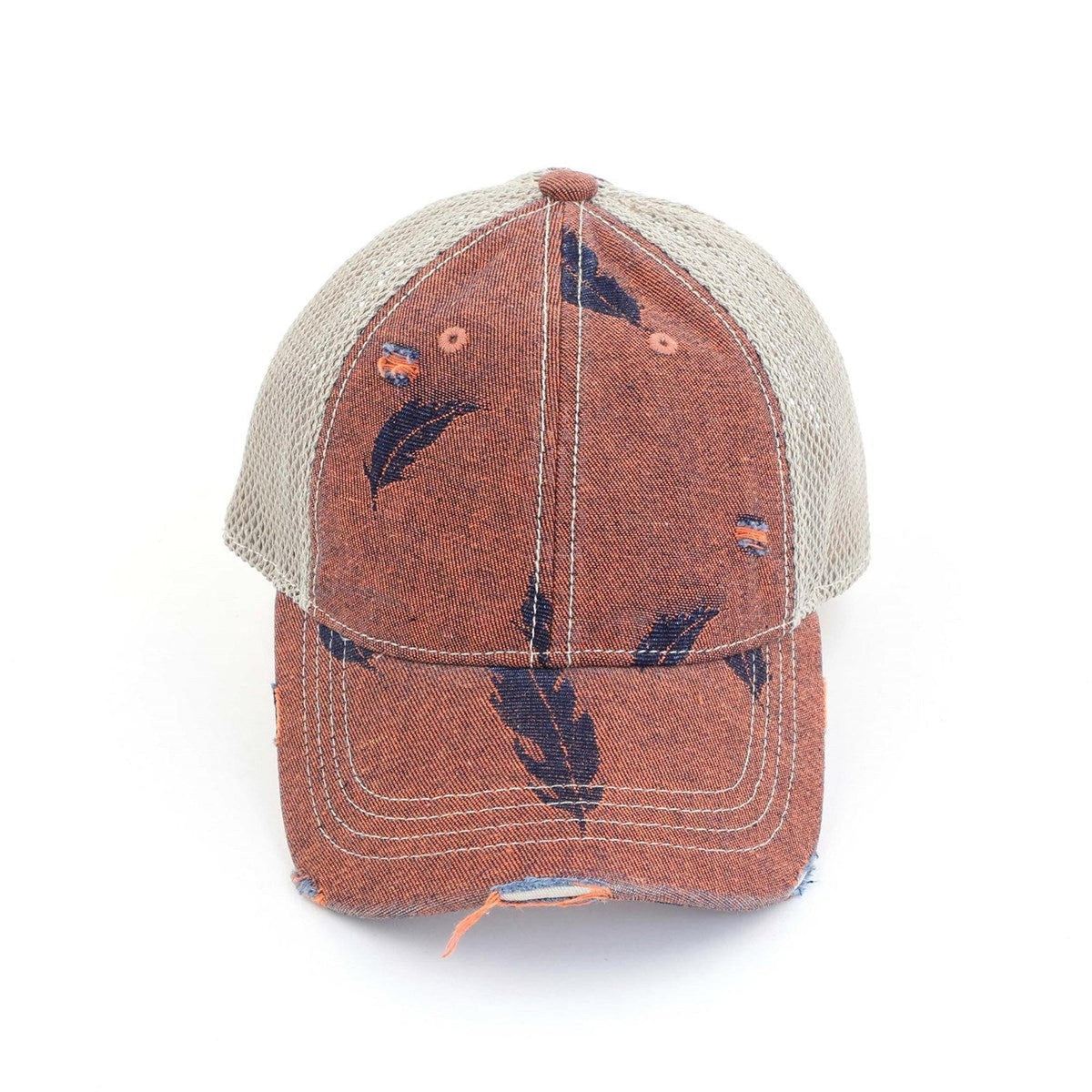 CC Leaf Motif Jacquard Denim Messy Bun Pony Cap Women, Teens and Kids Trucker Hats - Truly Contagious