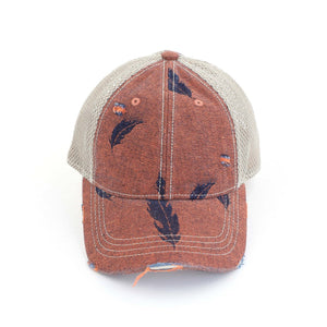 CC Leaf Motif Jacquard Denim Messy Bun Pony Cap Women, Teens and Kids Trucker Hats - Truly Contagious