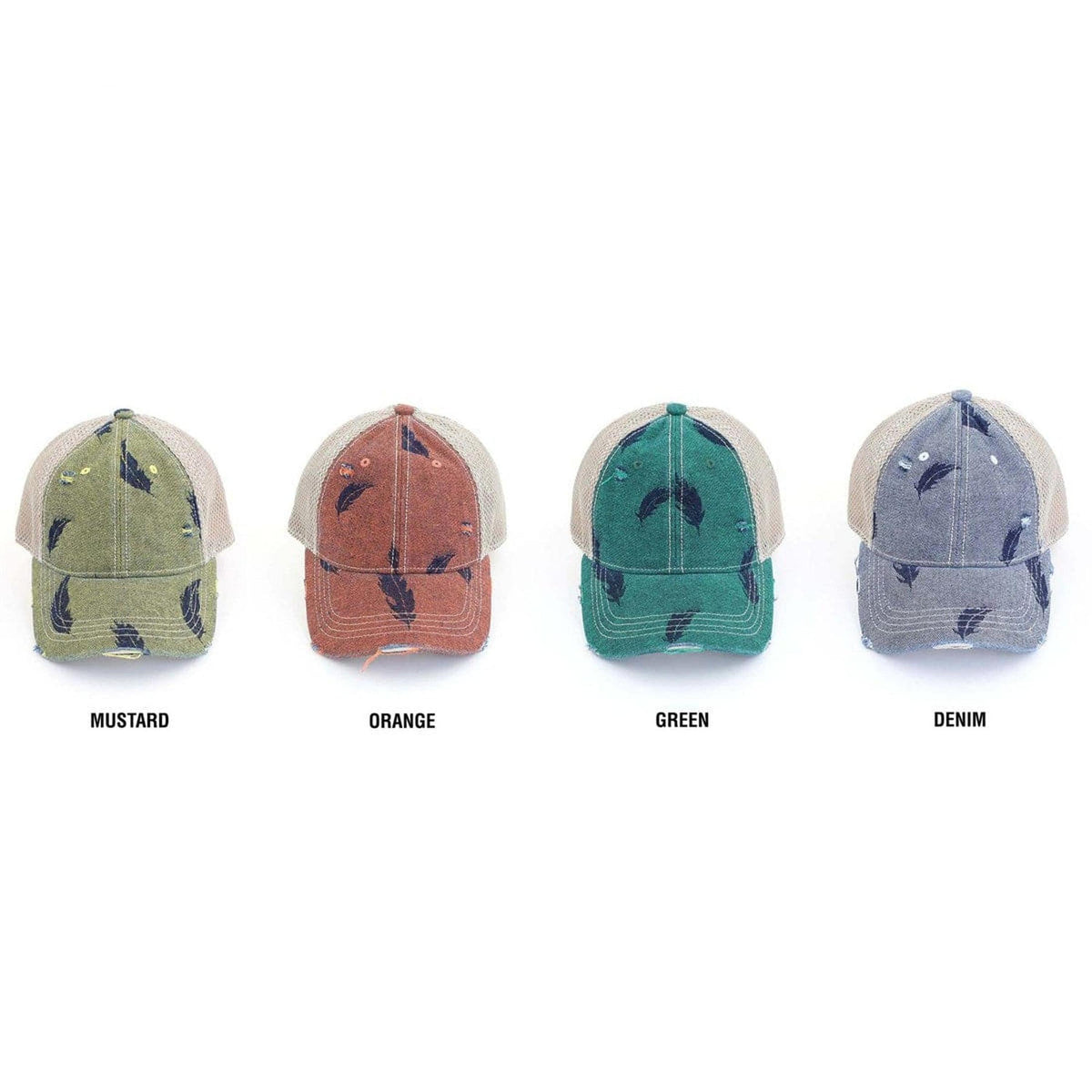 CC Leaf Motif Jacquard Denim Messy Bun Pony Cap Women, Teens and Kids Trucker Hats - Truly Contagious