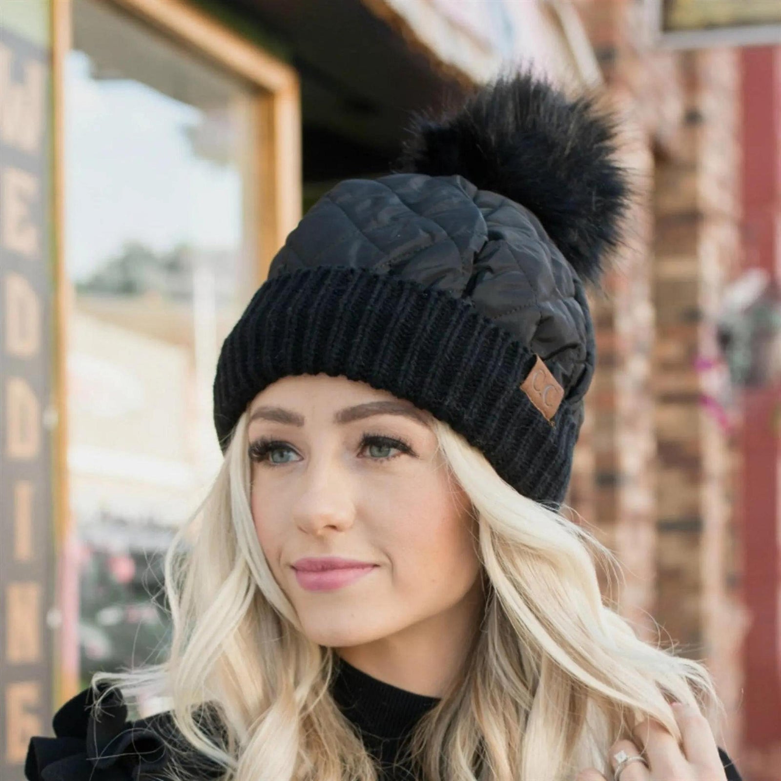CC Quilted Puffer with Detachable Pom Beanies Hats - Truly Contagious