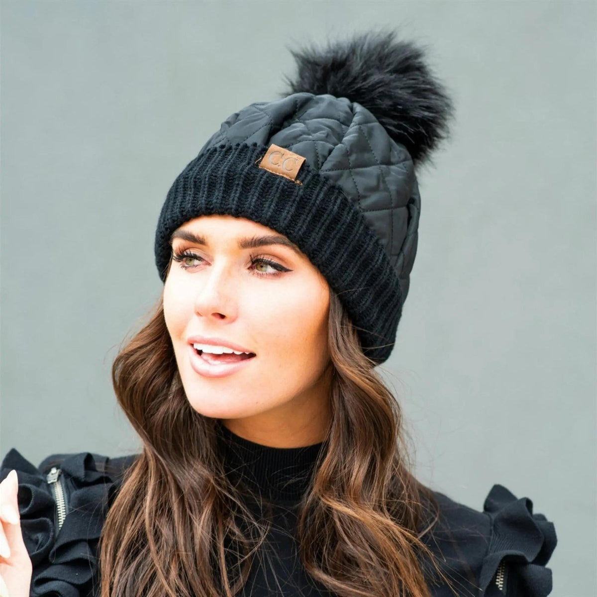 CC Quilted Puffer with Detachable Pom Beanies Hats - Truly Contagious