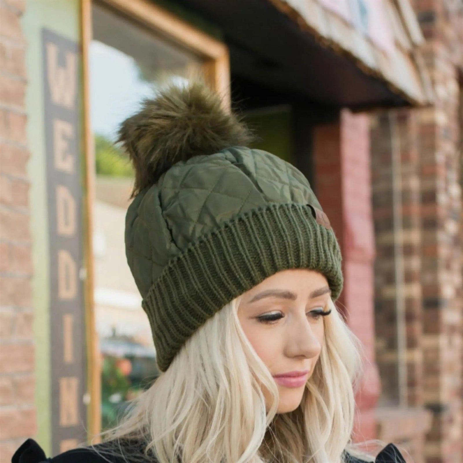 CC Quilted Puffer with Detachable Pom Beanies Hats - Truly Contagious