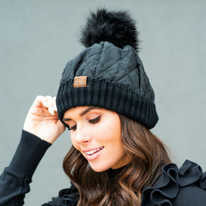 CC Quilted Puffer with Detachable Pom Beanies Hats - Truly Contagious
