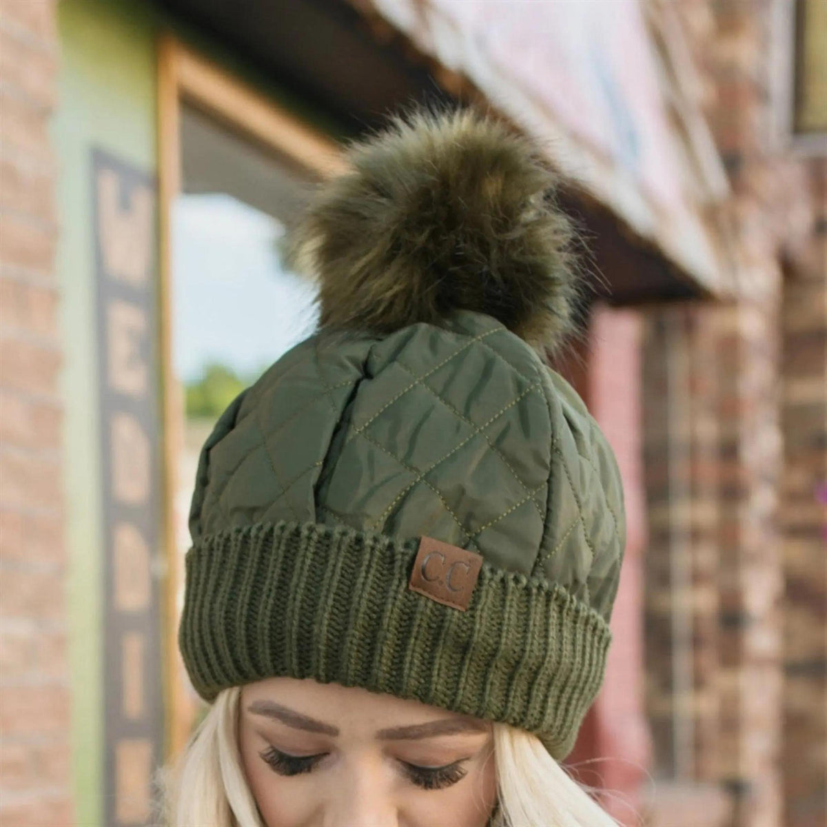 CC Quilted Puffer with Detachable Pom Beanies Hats - Truly Contagious