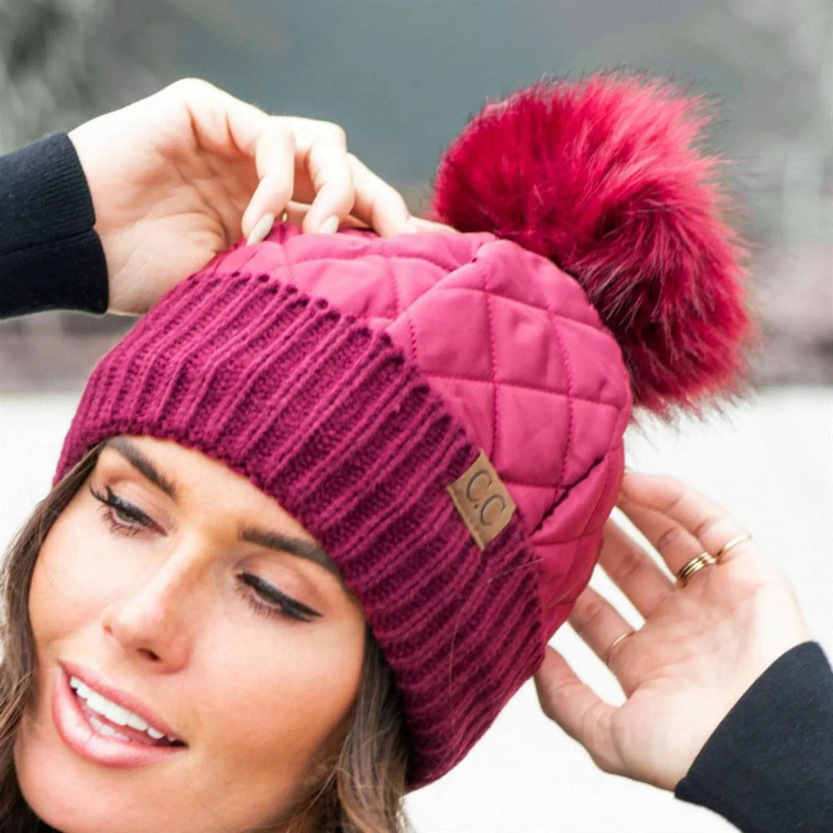 CC Quilted Puffer with Detachable Pom Beanies Hats - Truly Contagious