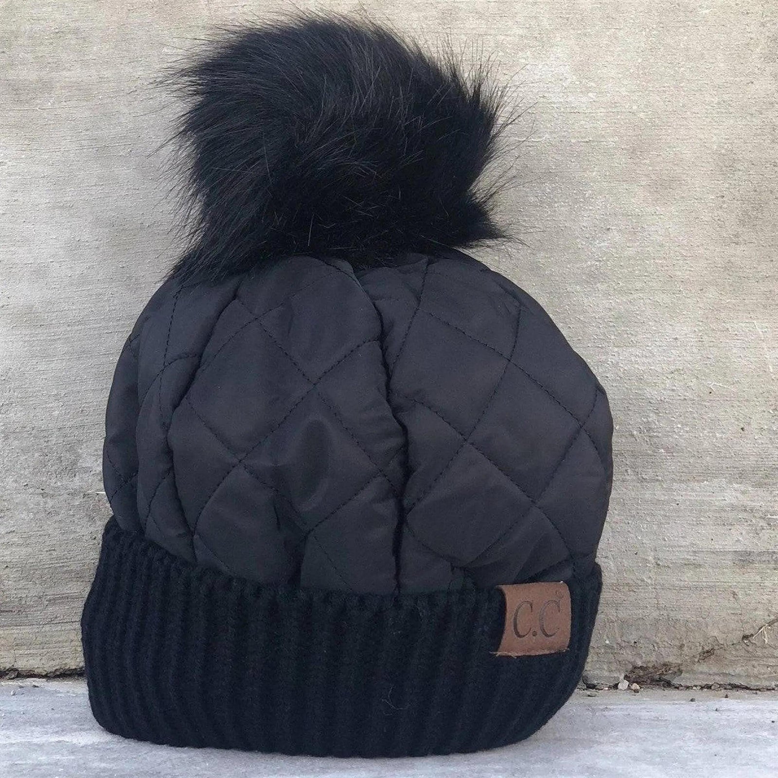 CC Quilted Puffer with Detachable Pom Beanies Hats - Truly Contagious