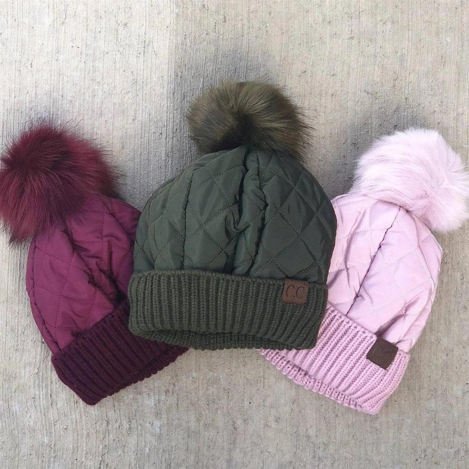 CC Quilted Puffer with Detachable Pom Beanies Hats - Truly Contagious