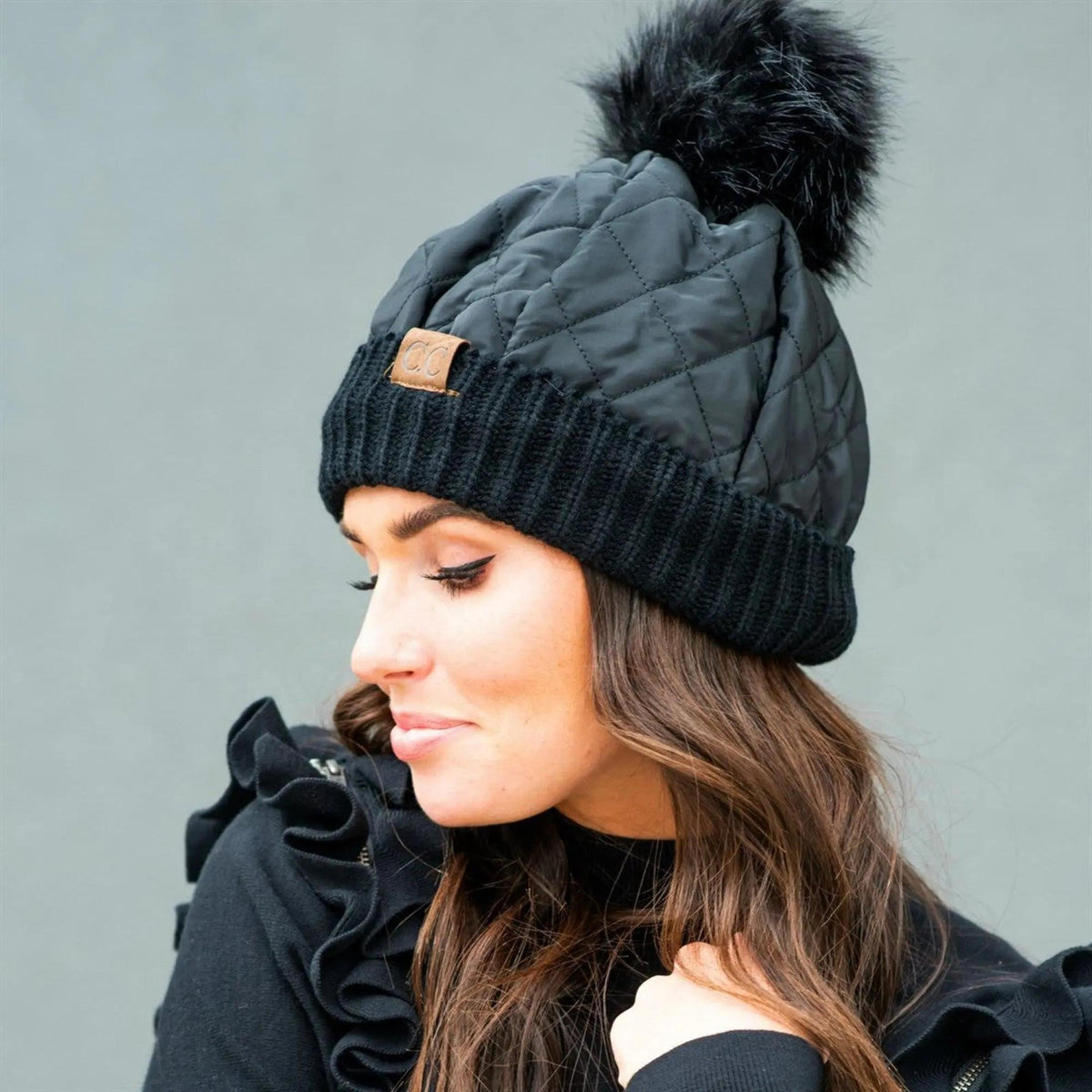 CC Quilted Puffer with Detachable Pom Beanies Hats - Truly Contagious
