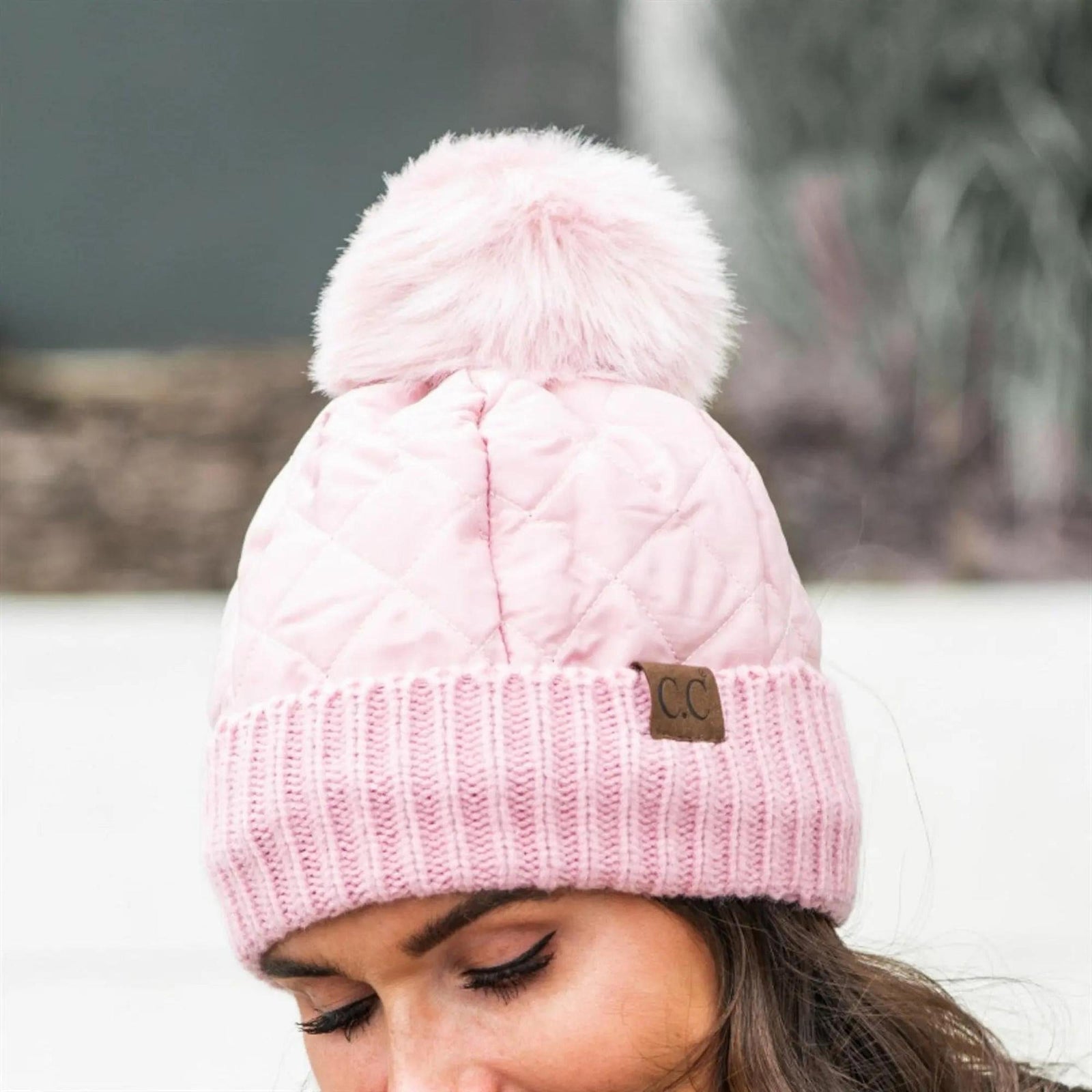 CC Quilted Puffer with Detachable Pom Beanies Hats - Truly Contagious