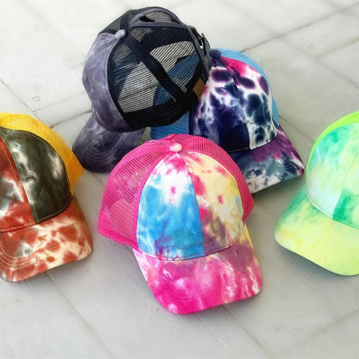 CC Tie - Dye Messy Bun Pony Cap Women, Teens and Kids Trucker Hats - Truly Contagious