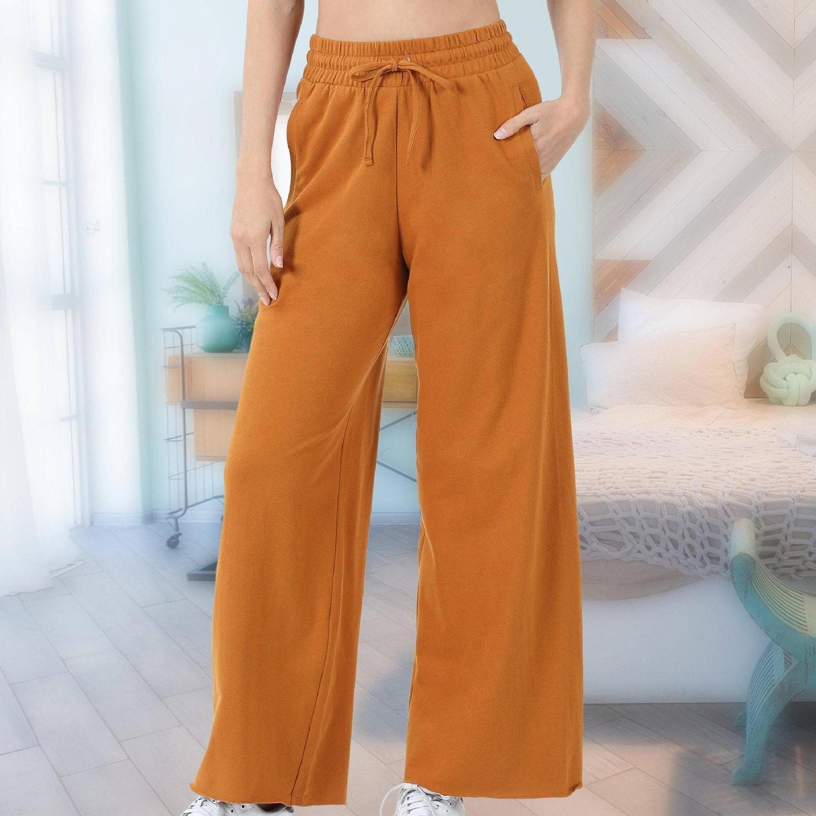French Terry Drawstring Waist Raw Edge Hem Pants - Truly Contagious