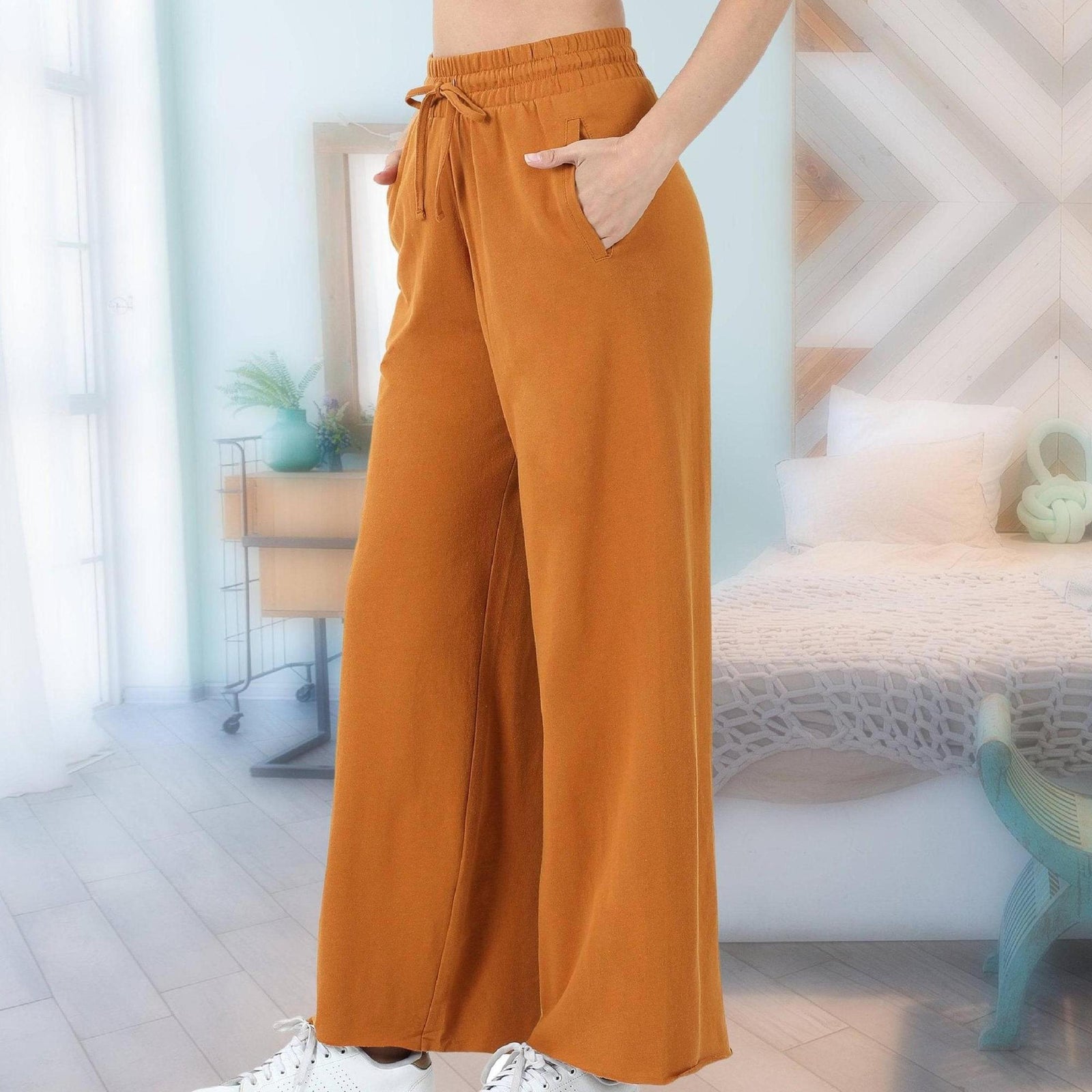 French Terry Drawstring Waist Raw Edge Hem Pants - Truly Contagious